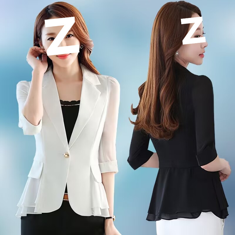Spring, Autumn, and Summer New Style Short Slim-Fit Single-Button Chiffon Blazer with Seven-Quarter Sleeves and Ruffled Edges for Women