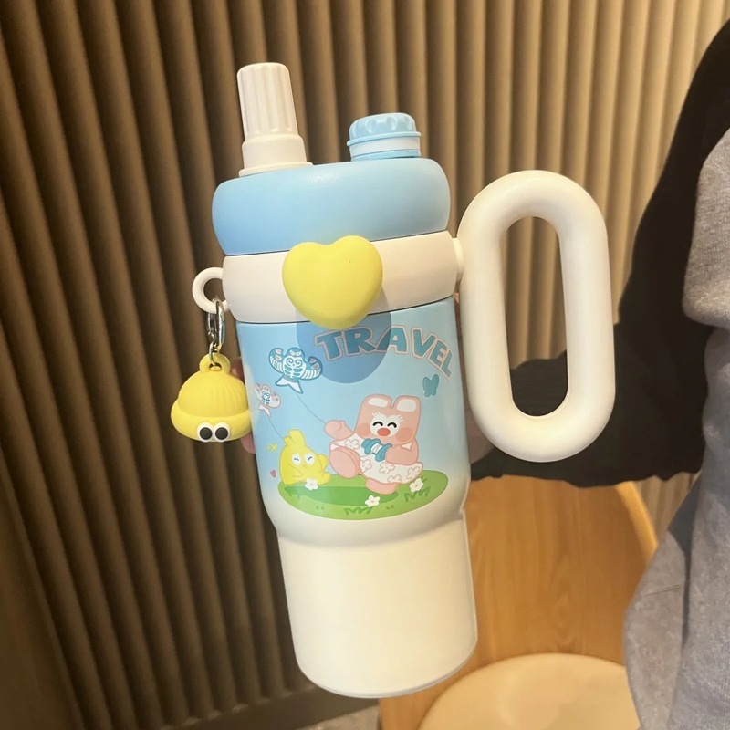 卡通公仔不锈钢保温杯超萌大容量吸管杯高颜值便携带手把水杯批发|undefined