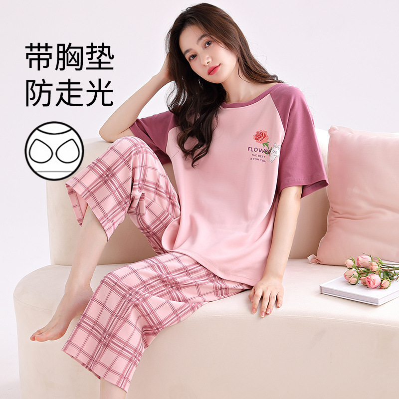 Junior High School Students Pajamas Women's Summer Pure Cotton Short-sleeved Capri Pants plus size Outwear Women's Home Clothes with Chest Pad suit