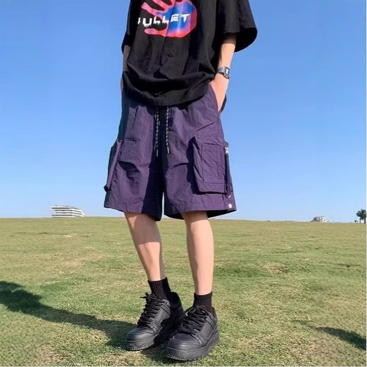 Purple Quick-Dry Button-Down Cargo Shorts for Men, Summer Thin Loose Wide-Leg Multi-Pocket Casual Beach Shorts