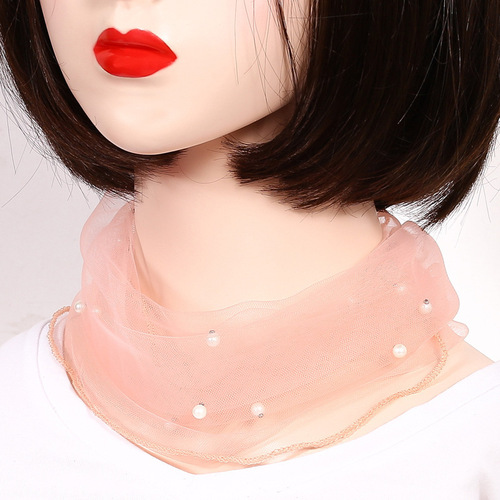 Scarf Women's Small Silk Scarf Neck Protector Women's Mesh Lace Beaded Pullover Scarf Summer Versatile Fashion Scarf Women