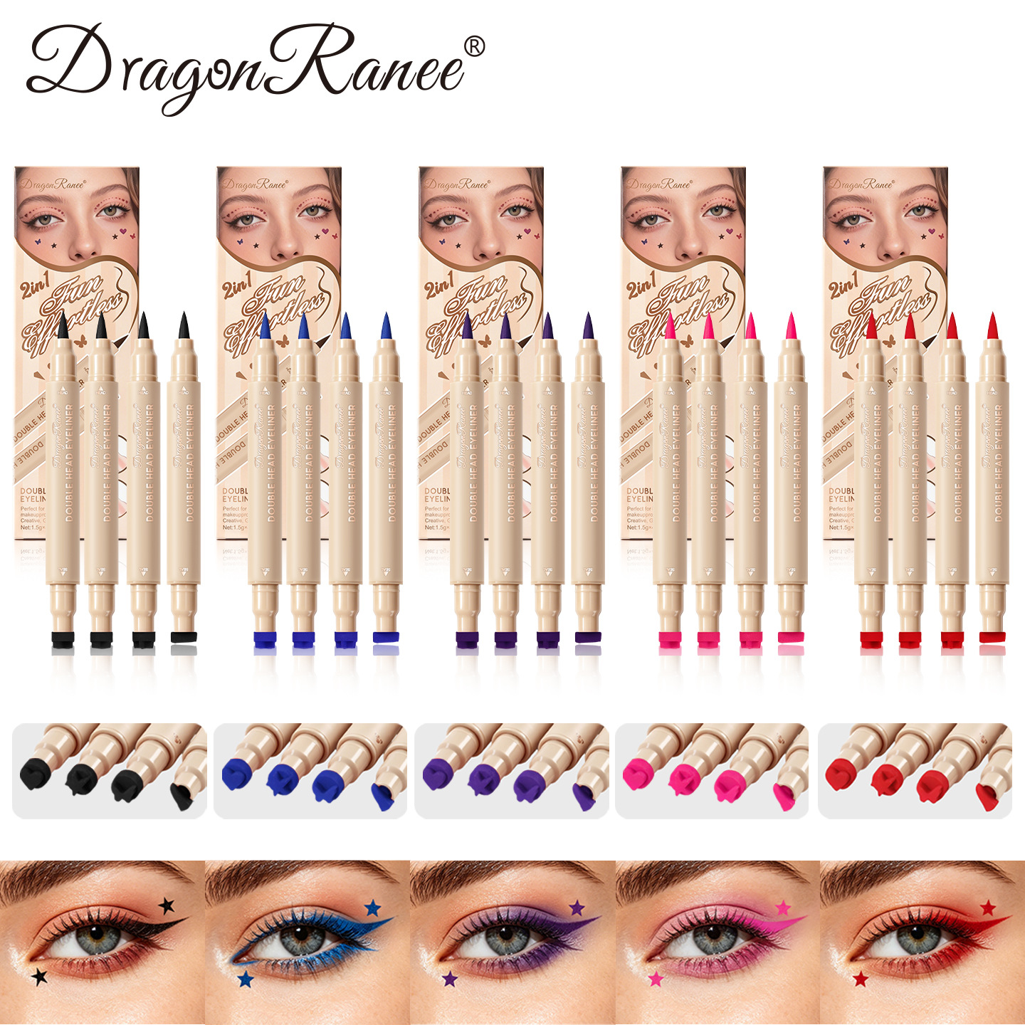 DragonRanee Dual-Head Stamp Eyeliner Pen Starry Blue Rose Red Lazy Eye Makeup Colorful Four-Piece Set