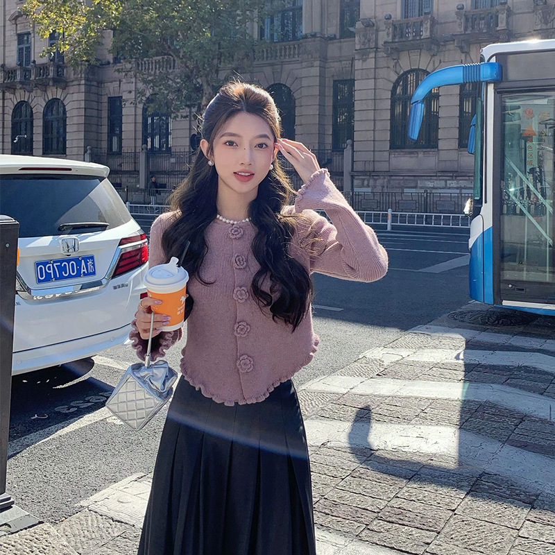 ChicShe ChicShe 2024 Cardigan lavorato a maglia color camelia viola per donna, stile coreano, inizio autunno, unico e bellissimo, cappotto corto versatile_voghion.com