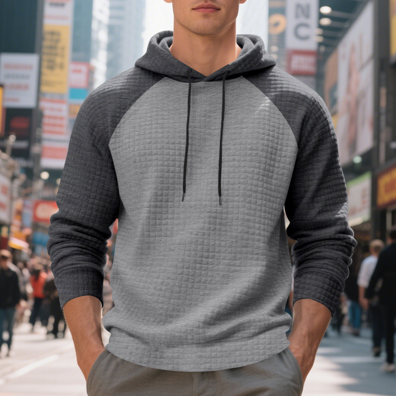 Schweres Kapuzensweatshirt mit Farbblockdesign für Herren, lockere Passform, Pullover mit Kordelzug für lässige Streetwear (Schwarz/Grau, Armeegrün/Beige)_voghion.com