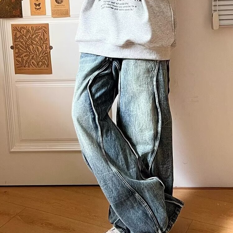 Plus Size American Retro Washed Side Curve Cut Wave Jeans Fat mm Slimming Look Versatile High Waist Floor Mopping Pants