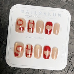 焦糖美拉德愛心格紋穿戴甲晶石金光貓眼短款可拆卸顯白秋冬美甲