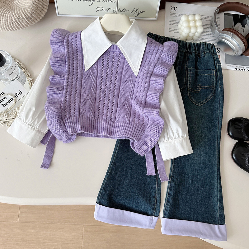 Girls' Spring Outfit 2026 New Korean Style Fashionable Knitted Vest Long-Sleeved Shirt Jeans Three-Piece Set Trendy