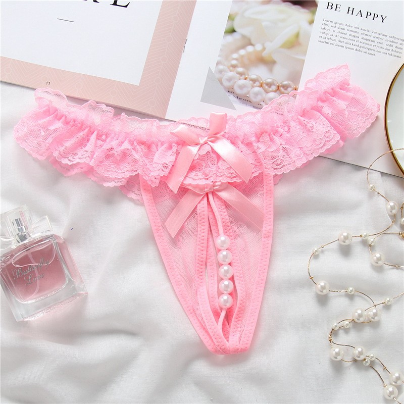 Women’s Lace Open Low-Waist Thong with Pearl Massage Detail, Pink, One Size — detail image 1