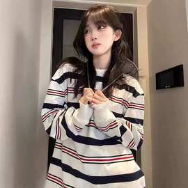 美式复古高街慵懒风条纹oversize卫衣女春秋2025新款长袖t恤上衣