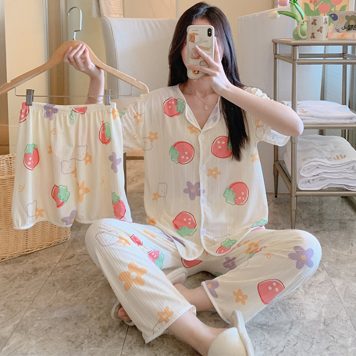 Nuevo estilo pijamas traje de tres piezas de las mujeres pijamas de estilo coreano de verano dulce ins estilo desgaste para el hogar conjunto de tres piezas entrega de una pieza