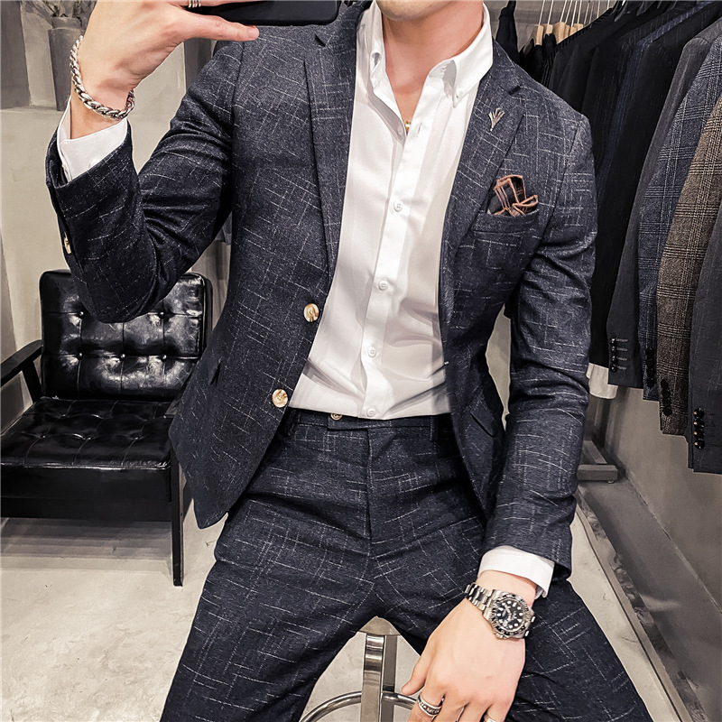 Men's Clothing slim fit dark pattern men's two button suit suit Fashion slim fit banquet dress men's suit + pants_voghion.com
