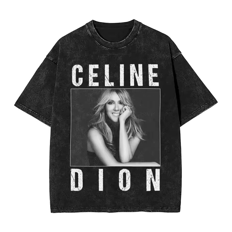 230g Heavyweight T-Shirt Celine Dion Washed T-Shirt Street Style Hip-Hop Retro T-Shirt for Men and Women