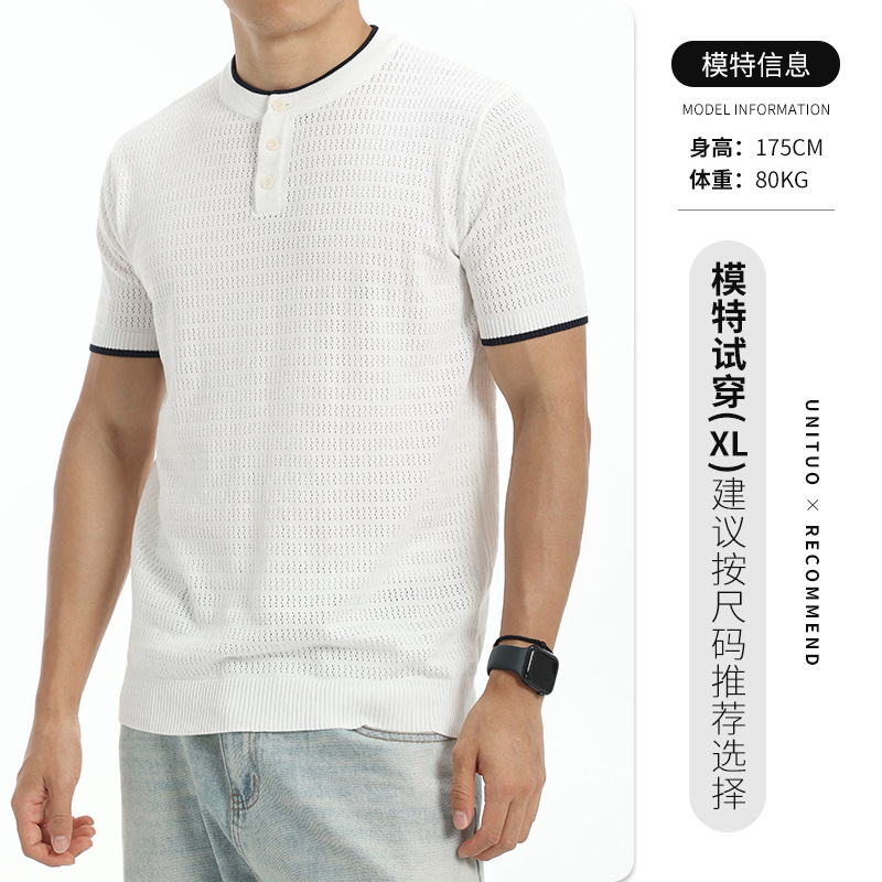 Hombres europeos y americanos huecos Henry cuello camiseta de punto de manga corta verano de negocios casuales transpirables de alto nivel de sensación de blusa versátil