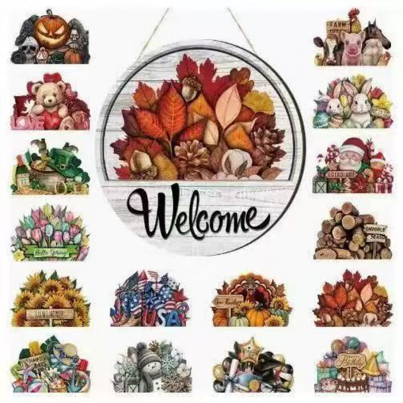 16pcs Welcome Door Sign Interchangeable Front Door Decor Rustic Fall Seasonal Hanging Sign Halloween Christmas 16pcs Welcome Door Sign Interchangeable Front Door Decor Rustic Fall Seasonal Hanging Sign Halloween Christmas
