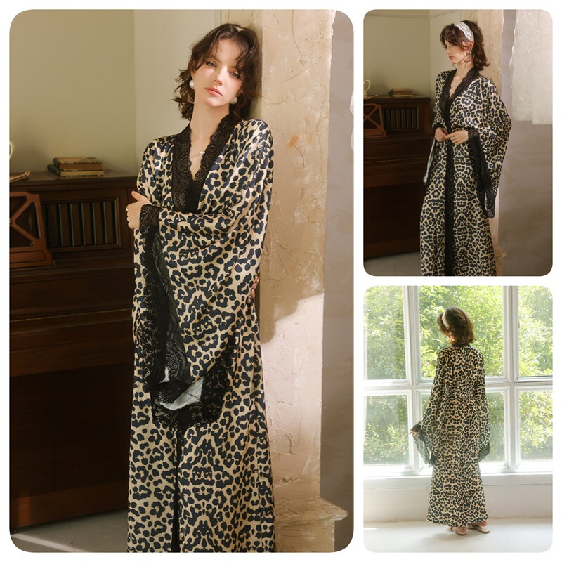 Leopard Print Satin Nightgown with Lace Trim, Long Sleeves, Soft and Skin-Friendly, Everyday Home Casual Robe 956