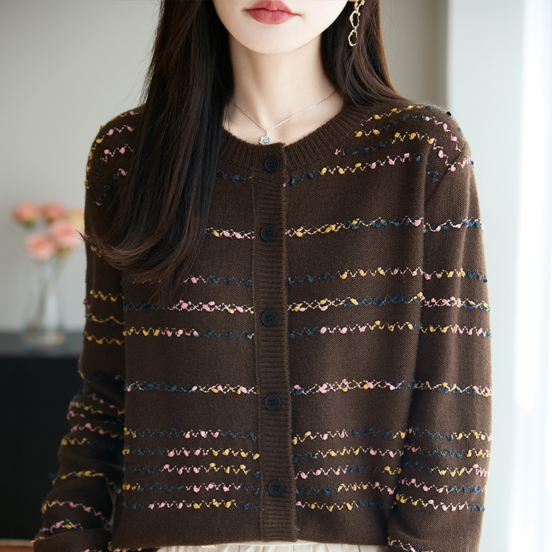 时尚咖色小衫上衣女早秋甜美提花圆领针织衫开衫外套上衣女装毛衫|undefined
