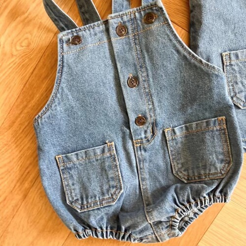 Korean style spring and autumn baby denim overalls with farts, men's and women's baby splicing pocket casual jumpsuits