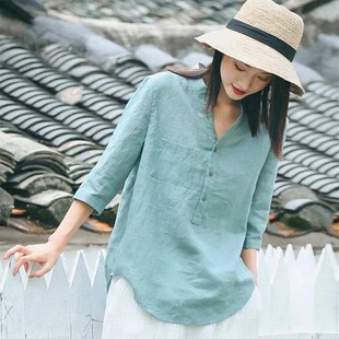 2024 Versatile Spring and Summer New Style Literary Retro Cotton and Linen Loose Women's Three-Quarter Sleeve Tops