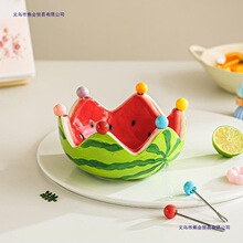 水果套装西瓜家用陶瓷甜品可爱不锈钢叉子收纳罐果儿童果签水果叉