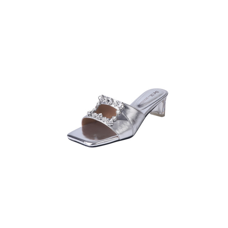 Sandal cao gót nữ hở mũi vuông đính kim cương giả quai ngang — đen, vàng, bạc