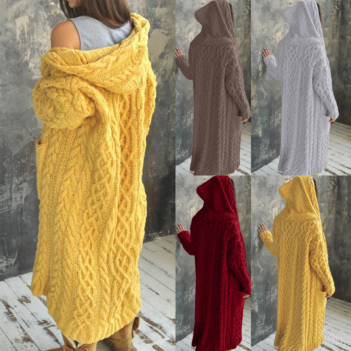 Comercio exterior transfronterizo 2023 europeo y americano nuevo cardigan Twist trenza estilo perezoso con capucha cardigan largo suéter Otoño e Invierno ropa de mujer