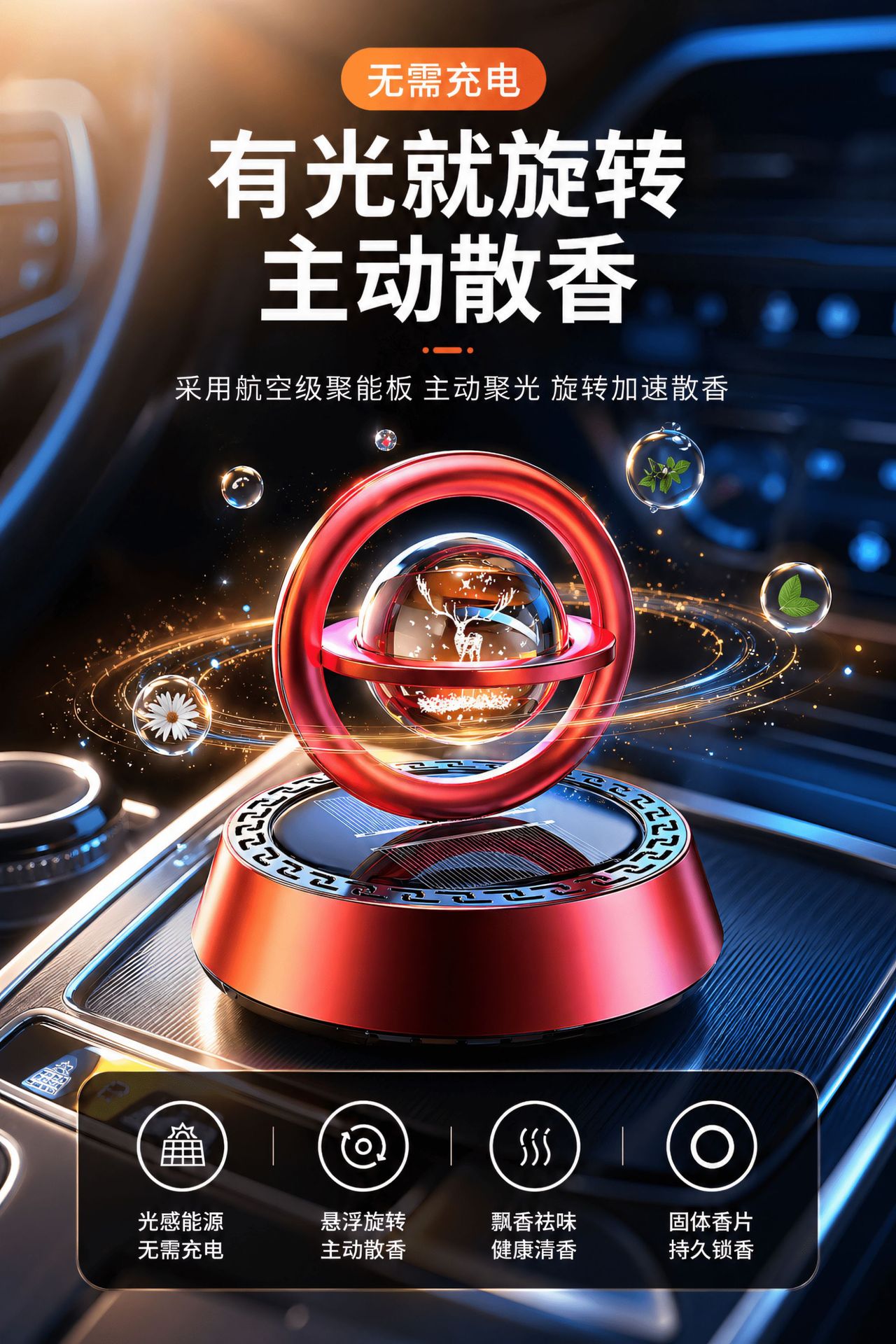 Car-mounted solar-powered aromatherapy diffuser, new model, solar-powered floating crystal solid perfume, creative car decoration with a fresh fragrance