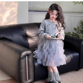 女童连衣裙2025春季新款儿童裙子春装洋气网纱卫衣裙小女孩公主裙