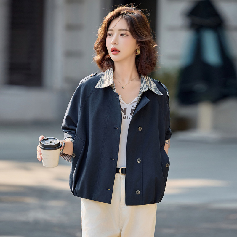 时尚假两件短外套女2025早春秋新款时髦洋气条纹拼接宽松休闲上衣|undefined