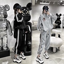 特大码斤胖美拉德休闲运动服套装女秋季三条杠阔腿裤两件套