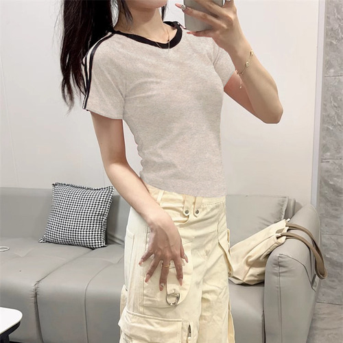 2025 New Black Slimming Top Unique and Stylish Pure Cotton Three Stripes Petite Version Korean Style Short Sleeve T-Shirt for Women