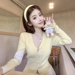 若语 少女高智衫 超显白！V领针织上衣修身显瘦针织开衫女