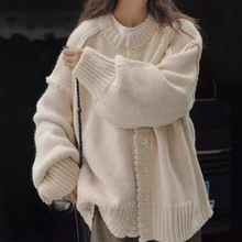 出口韩版慵懒风毛衣开衫外套女2024春秋新款小众中长款上衣针织衫