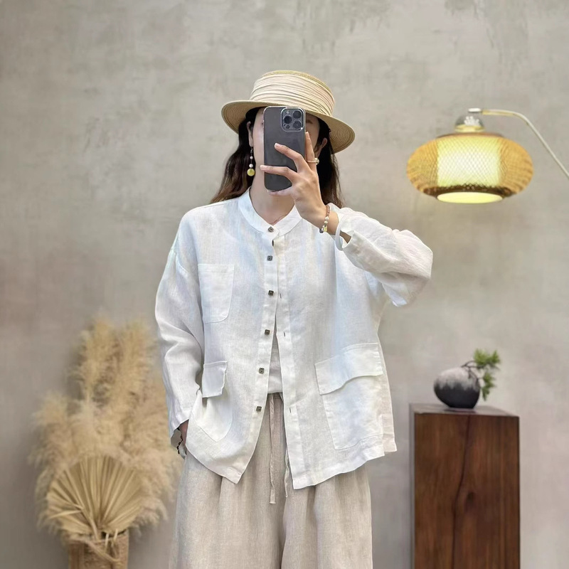 Nami's New Spring 2025 Casual All-match Clear Linen Shirt Top with Buckle-lined Cardigan Nami's New Spring 2025 Casual All-match Clear Linen Shirt Top with Buckle-lined Cardigan