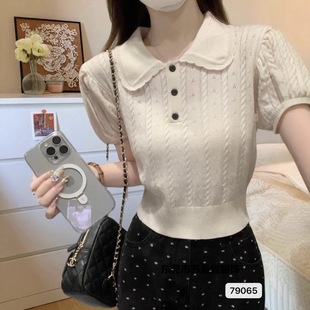 2025 Summer Korean Style Sweet Color Matching Age-Reducing Doll Collar Puff Sleeve Sweater Short Sleeve Top