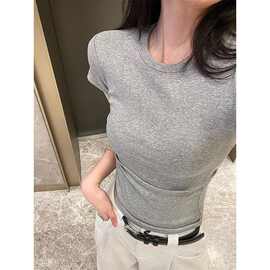 灰色小众短袖女装正肩T恤2024夏季修身百搭弹力显瘦套头圆领上衣