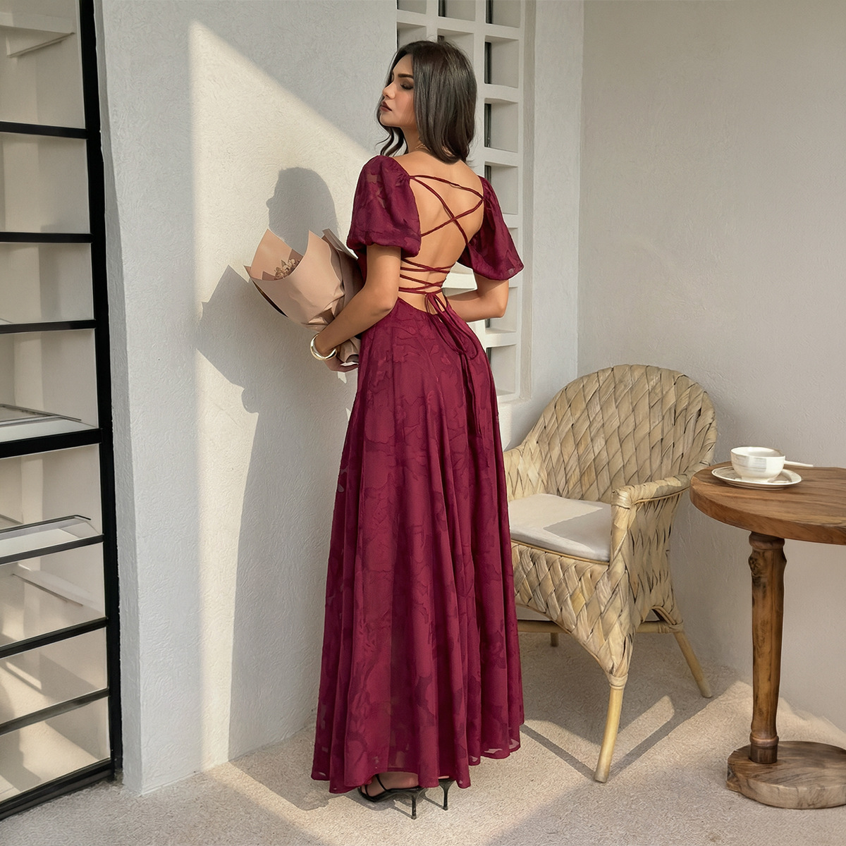 Women Retro Vintage Square Neck Puff Sleeve Jacquard Textured High Waist Slim Fit Dress Casual Party Wear_ecoleips.com