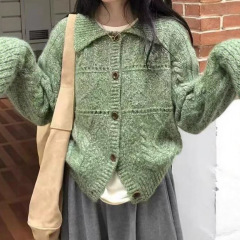 2025秋冬新款复古麻花翻领针织开衫女韩系宽松百搭慵懒风毛衣外套