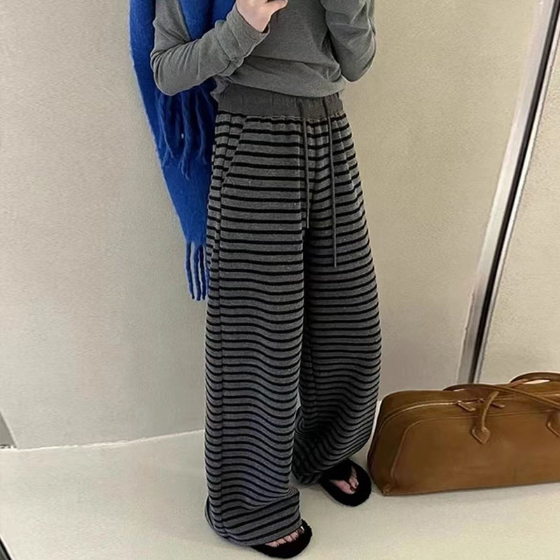 撞色条纹阔腿裤女秋季新款抽绳高腰垂感女裤宽松慵懒感直筒休闲裤|undefined