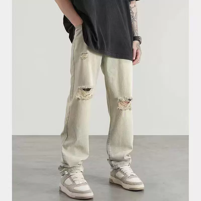 Американский уличный стиль, рваные джинсы, весенне-осенние мужские модные потертые брюки в стиле хип-хоп, длинные брюки, модный бренд 2024 года
