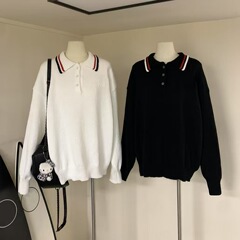 2025秋冬新品polo翻领字母植绒刺绣宽松大版针织衫女休闲套头毛衣