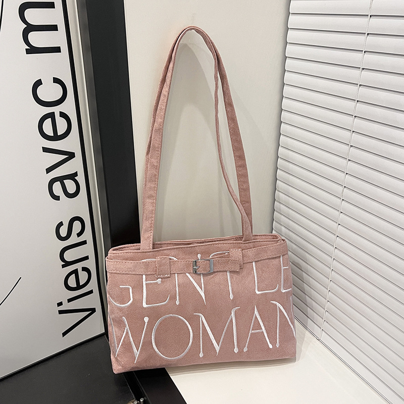 New Letter Embroidered Shoulder Bag, Cross-Border Fashion Suede Handbag, Large Capacity, Stylish Commuter Underarm Bag for Women