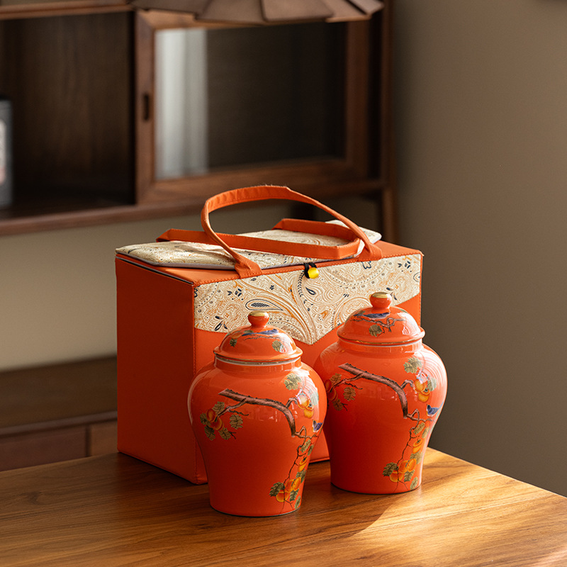 陶瓷将军罐防潮密封罐柿柿如意茶叶罐家用婚庆喜糖罐伴手礼礼盒装