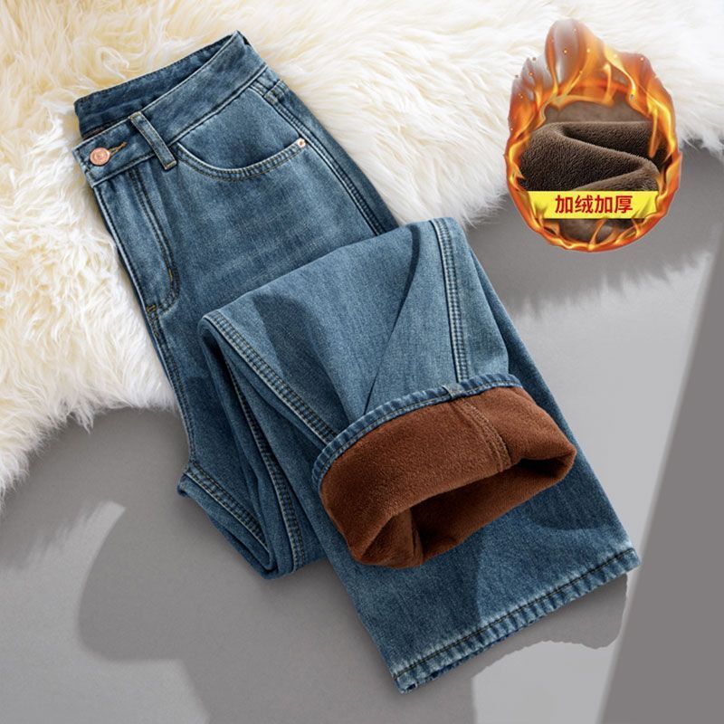 [Three Colors Available] Small Straight Jeans with Velvet and Thickening 2025 New Winter Style to Keep Warm, Slim and Tall
