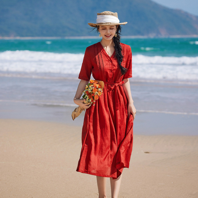 2024 spring and summer women's Ramie jacquard travel artistic heavy industry long dress mid-sleeve lace elegant dress 2024 spring and summer women's Ramie jacquard travel artistic heavy industry long dress mid-sleeve lace elegant dress