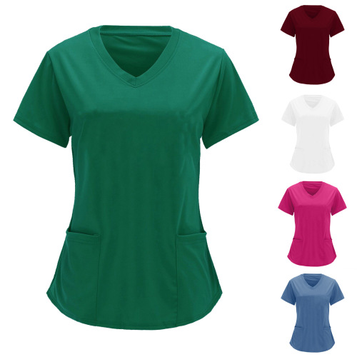 Eurasian nurse style solid color crew neck short sleeve T-shirt with large pockets for women, size code/large