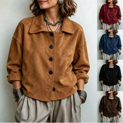 2026 New Cross-Border Retro Suede Lapel Long-Sleeved Jacket for Women Autumn and Winter Casual Loose Single-Breasted Jacket 2026 New Cross-Border Retro Suede Lapel Long-Sleeved Jacket for Women Autumn and Winter Casual Loose Single-Breasted Jacket