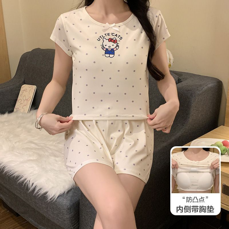 Estilo explosivo con almohadilla para el pecho, seda de hielo, cuello redondo acanalado, Douyin Live, libro rojo, moda de verano, pijamas de manga corta, servicio a domicilio para mujeres
