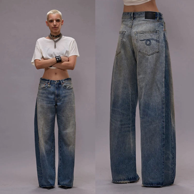 2025 Early Autumn New European and American R*13 Same Style High Waist Loose Wide Leg Spliced ​​Denim Pants for Women
