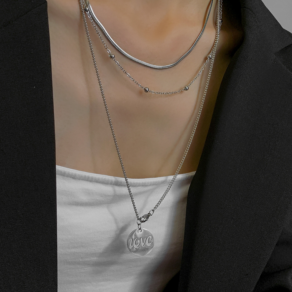 Personality Hip-hop Multi-layered Love Letter Necklace Niche Titanium Steel Clavicle Chain Accessories display picture 7