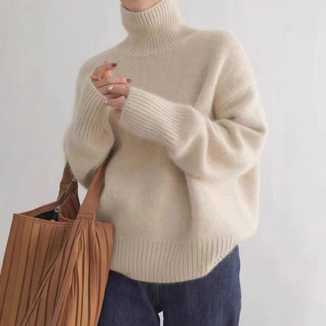 Maglione oversize a collo alto – Pullover minimalista a coste (morbido misto poliestere, vestibilità comoda, tinta unita cammello/beige/marrone/grigio, capo essenziale per il lavoro e il weekend)_voghion.com